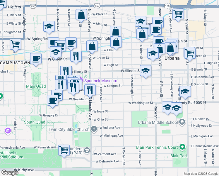 map of restaurants, bars, coffee shops, grocery stores, and more near 703 West Oregon Street in Urbana
