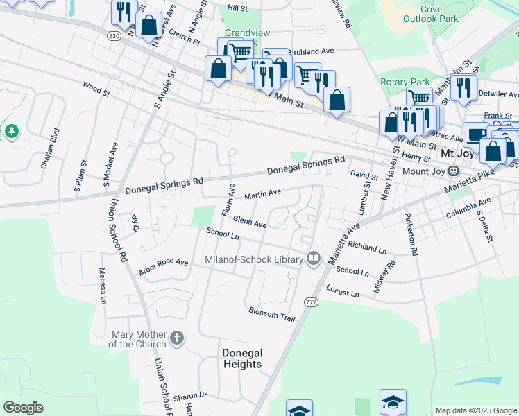 map of restaurants, bars, coffee shops, grocery stores, and more near 426 Sunset Avenue in Mount Joy