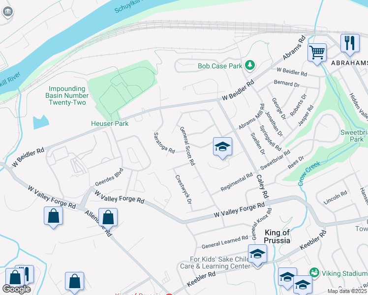 map of restaurants, bars, coffee shops, grocery stores, and more near 552 Saratoga Road in King of Prussia