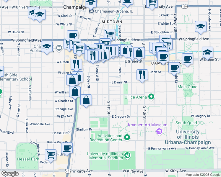 map of restaurants, bars, coffee shops, grocery stores, and more near 908 South 1st Street in Champaign