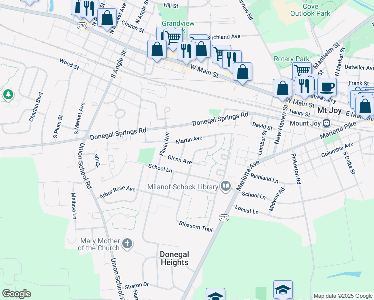 map of restaurants, bars, coffee shops, grocery stores, and more near 426 Sunset Avenue in Mount Joy