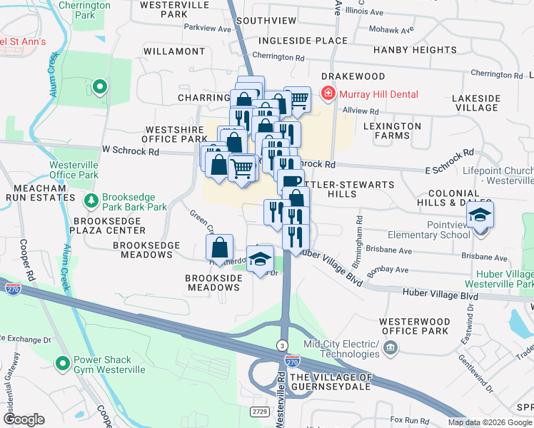 map of restaurants, bars, coffee shops, grocery stores, and more near 1 King Arthur Boulevard in Westerville