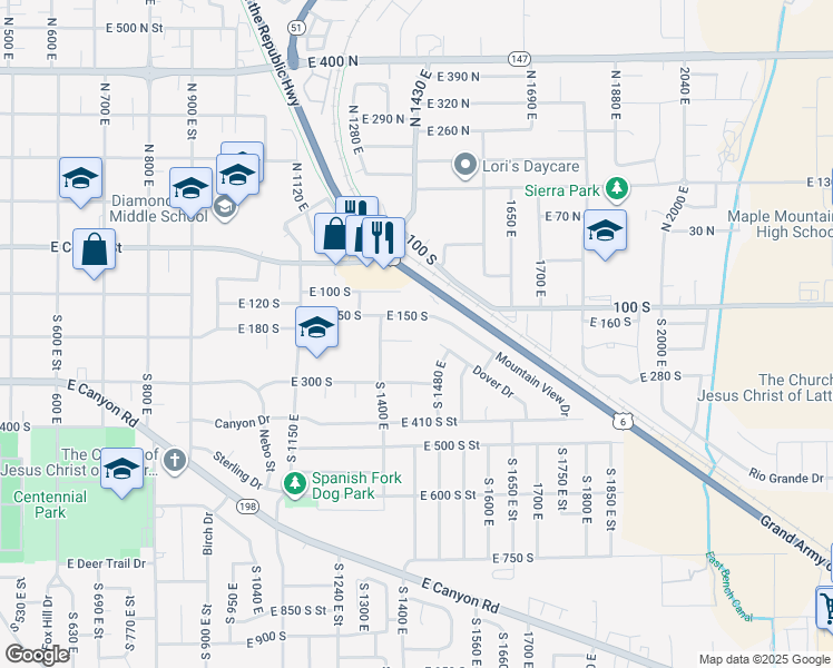 map of restaurants, bars, coffee shops, grocery stores, and more near 1447 East 230 South in Spanish Fork