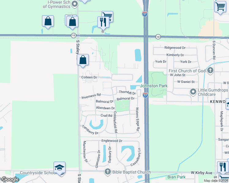 map of restaurants, bars, coffee shops, grocery stores, and more near 3844 Thornhill Circle in Champaign