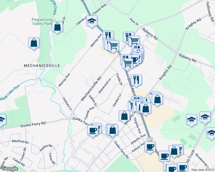 map of restaurants, bars, coffee shops, grocery stores, and more near 2799 Stanwood Lane in Bensalem