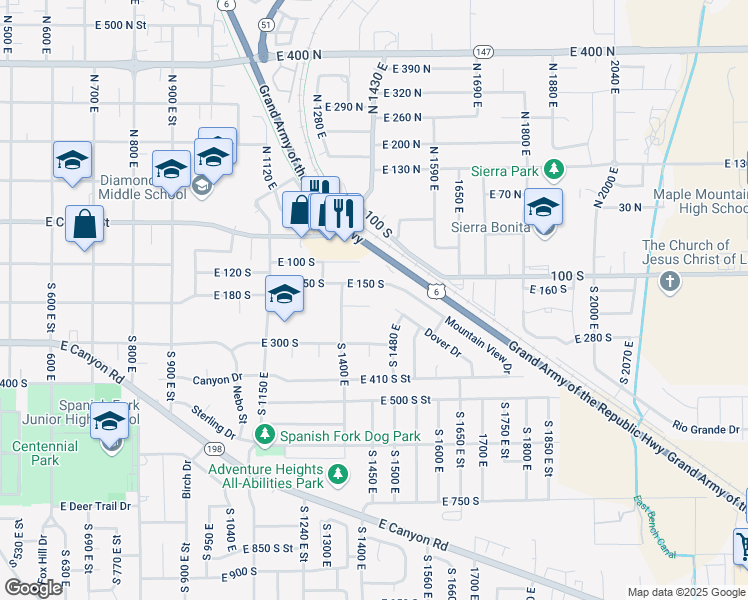 map of restaurants, bars, coffee shops, grocery stores, and more near 1447 East 230 South in Spanish Fork