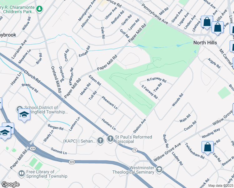 map of restaurants, bars, coffee shops, grocery stores, and more near 1009 Edann Rd in Oreland