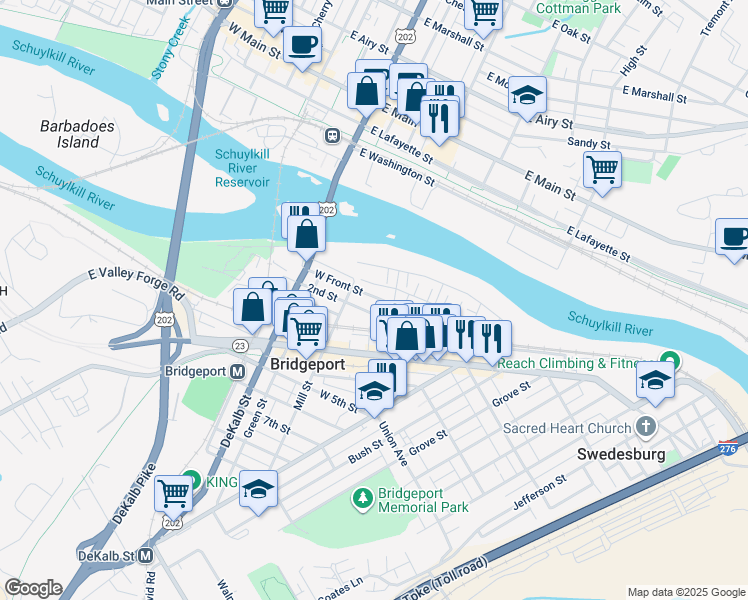 map of restaurants, bars, coffee shops, grocery stores, and more near 24 West Front Street in Bridgeport