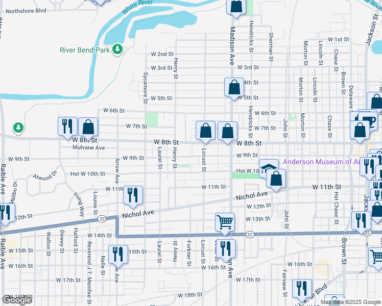 map of restaurants, bars, coffee shops, grocery stores, and more near 1220 West 9th Street in Anderson