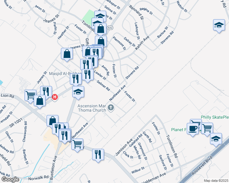 map of restaurants, bars, coffee shops, grocery stores, and more near 859 Selmer Road in Philadelphia