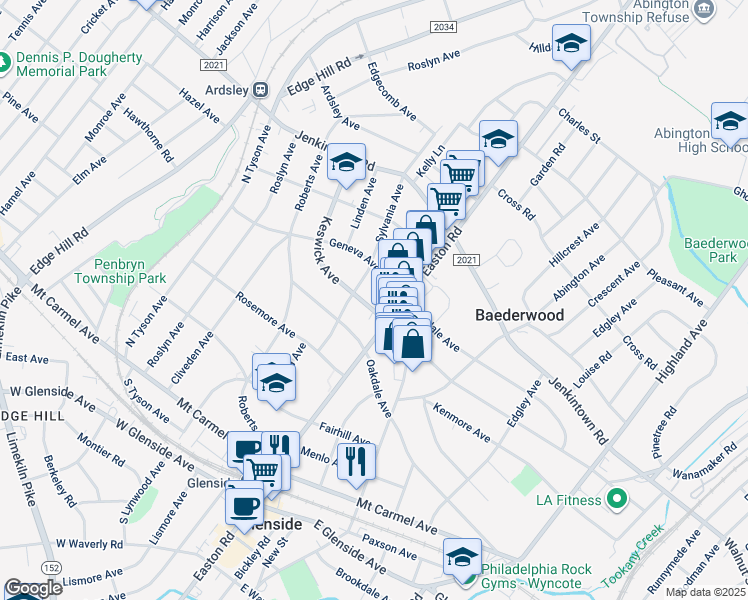map of restaurants, bars, coffee shops, grocery stores, and more near 321 North Keswick Avenue in Glenside