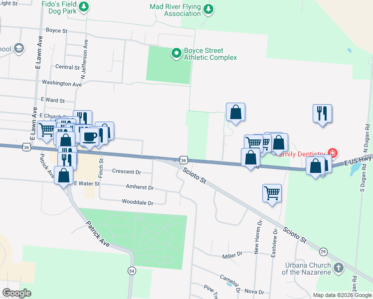 map of restaurants, bars, coffee shops, grocery stores, and more near 125 Berwick Drive in Urbana