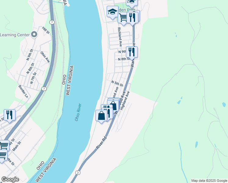 map of restaurants, bars, coffee shops, grocery stores, and more near 419 Richland Avenue in Wheeling