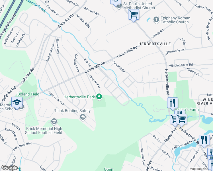 map of restaurants, bars, coffee shops, grocery stores, and more near 144 Greenwood Loop Road in Brick Township