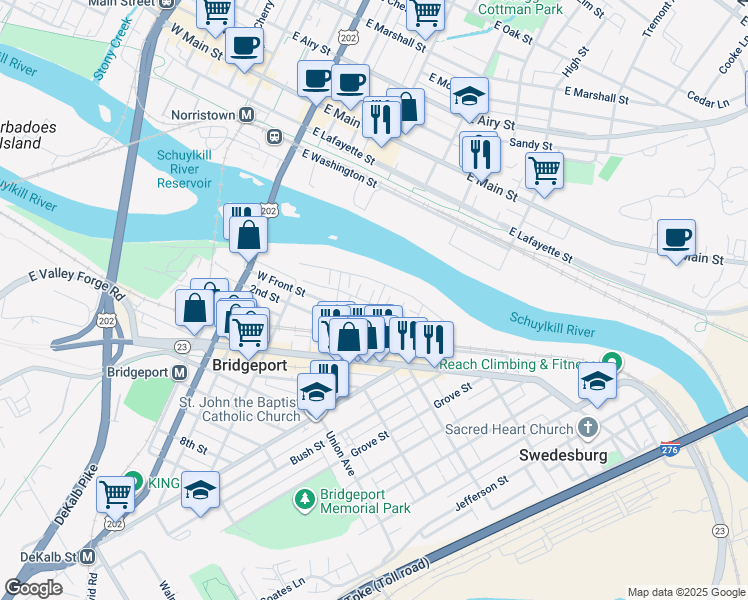 map of restaurants, bars, coffee shops, grocery stores, and more near 12 Atkins Drive in Bridgeport