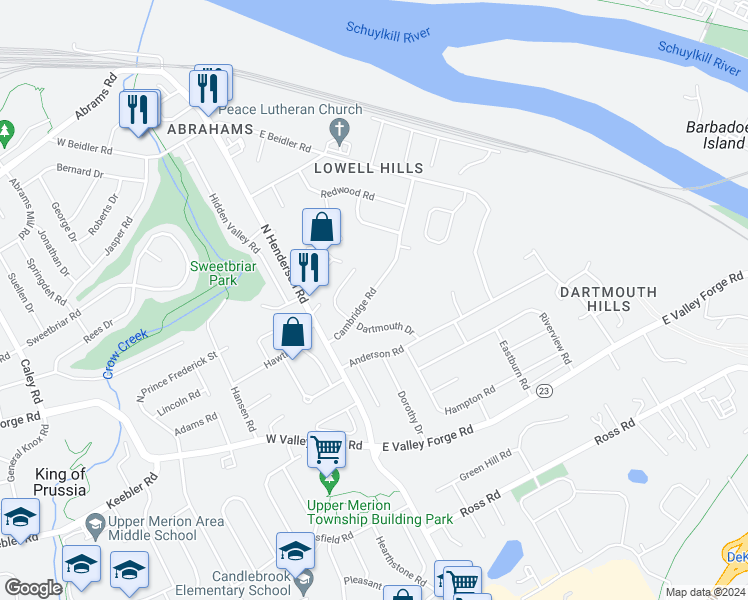map of restaurants, bars, coffee shops, grocery stores, and more near 141 Cambridge Road in King of Prussia