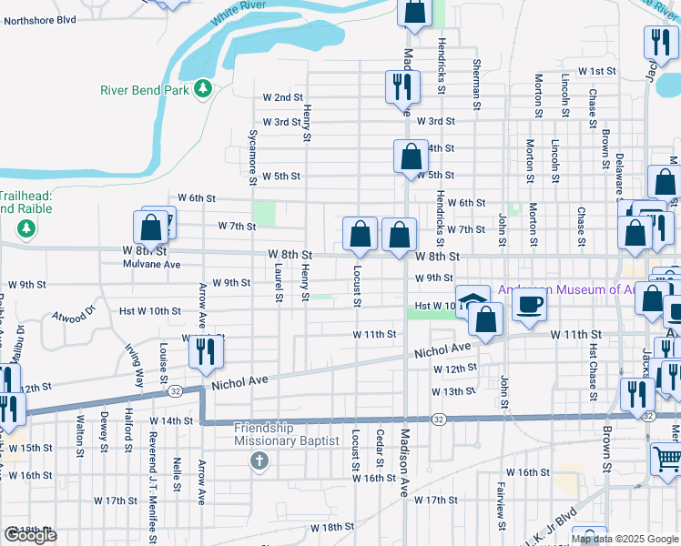map of restaurants, bars, coffee shops, grocery stores, and more near 1220 West 9th Street in Anderson