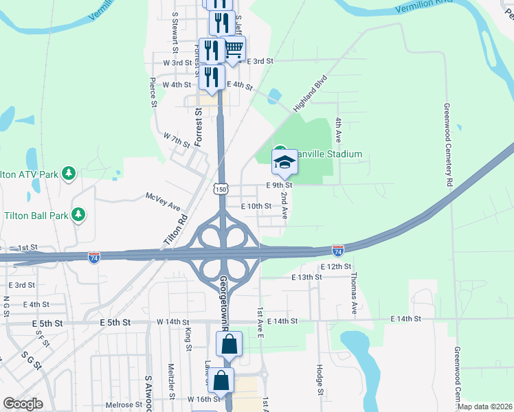 map of restaurants, bars, coffee shops, grocery stores, and more near 100 East 10th Street in Danville