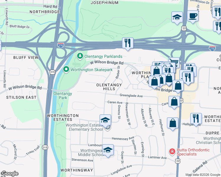 map of restaurants, bars, coffee shops, grocery stores, and more near 6967 Wethersfield Place in Worthington