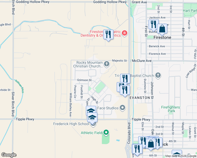 map of restaurants, bars, coffee shops, grocery stores, and more near 7393 Russell Circle in Longmont