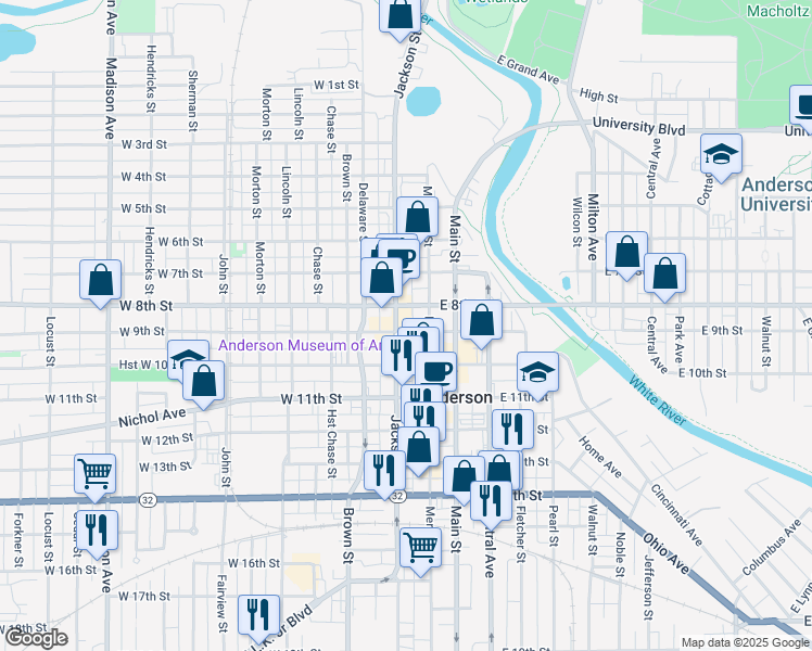 map of restaurants, bars, coffee shops, grocery stores, and more near 900 Jackson Street in Anderson
