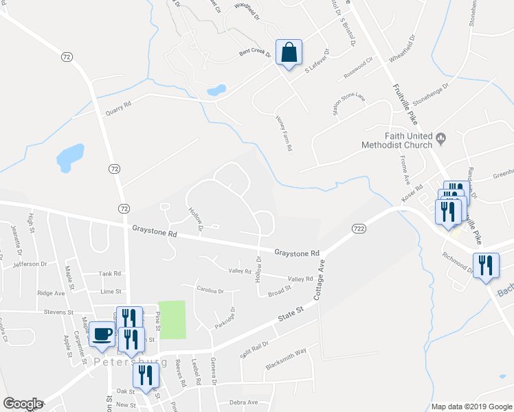 map of restaurants, bars, coffee shops, grocery stores, and more near 2538 Chrismar Way in East Petersburg