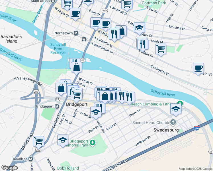 map of restaurants, bars, coffee shops, grocery stores, and more near 55 East Front Street in Bridgeport
