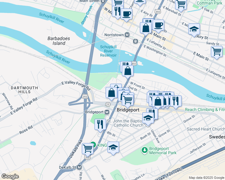 map of restaurants, bars, coffee shops, grocery stores, and more near 330 West 3rd Street in Bridgeport