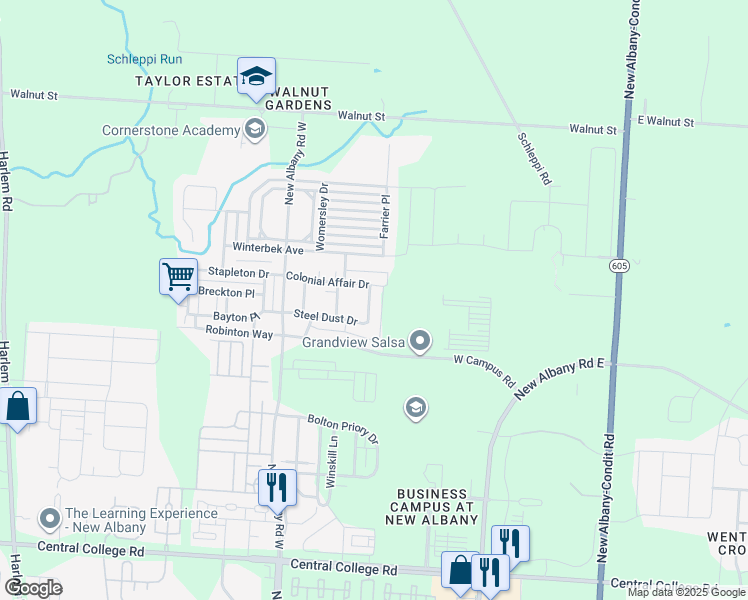 map of restaurants, bars, coffee shops, grocery stores, and more near 6071 Phar Lap Drive in New Albany