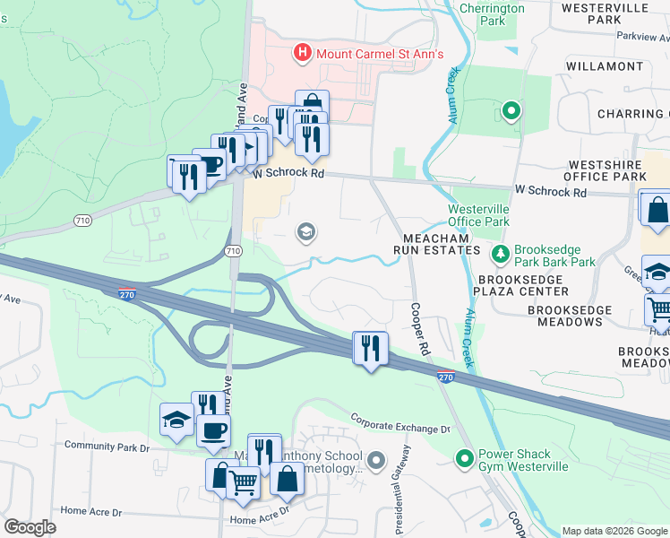map of restaurants, bars, coffee shops, grocery stores, and more near 2762 Shady Ridge Drive in Columbus