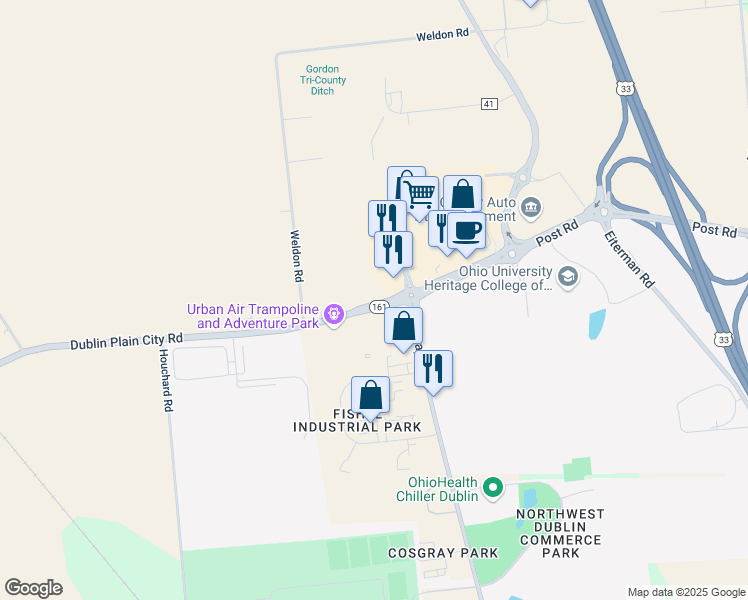 map of restaurants, bars, coffee shops, grocery stores, and more near 7515 Dublin Plain City Road in Franklin County