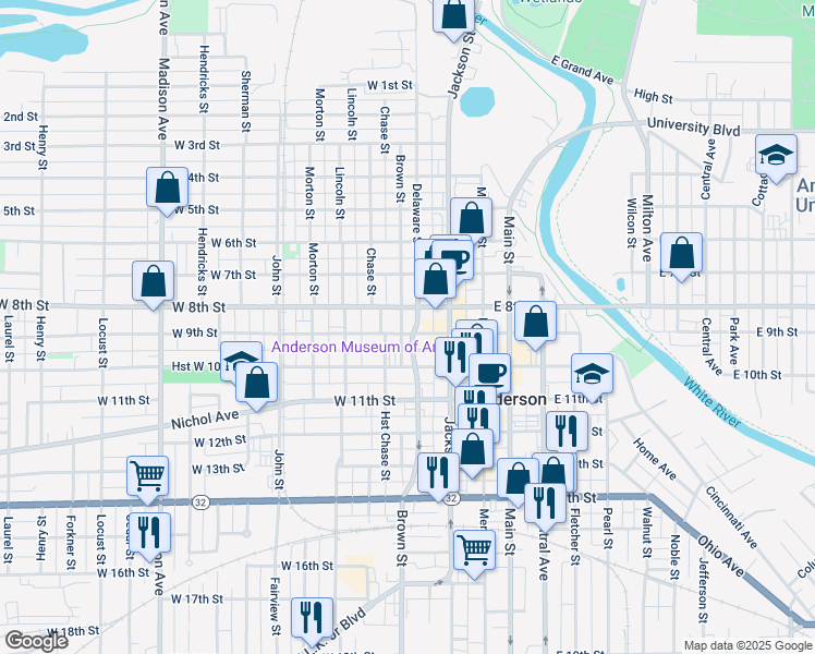 map of restaurants, bars, coffee shops, grocery stores, and more near 131 West 9th Street in Anderson