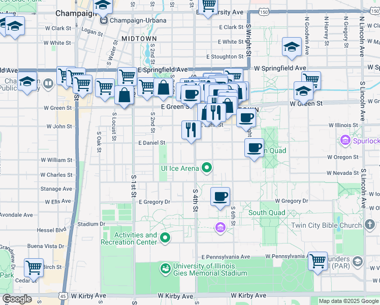 map of restaurants, bars, coffee shops, grocery stores, and more near 310 East Chalmers Street in Champaign