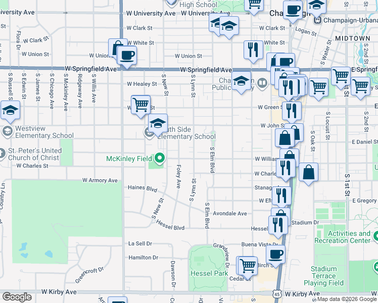 map of restaurants, bars, coffee shops, grocery stores, and more near 726 Foley Avenue in Champaign