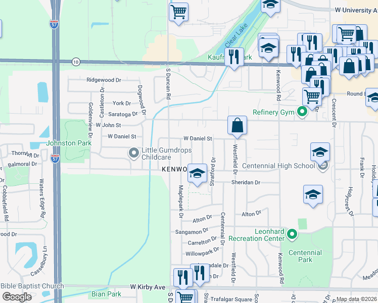 map of restaurants, bars, coffee shops, grocery stores, and more near 901 Oakcrest Drive in Champaign