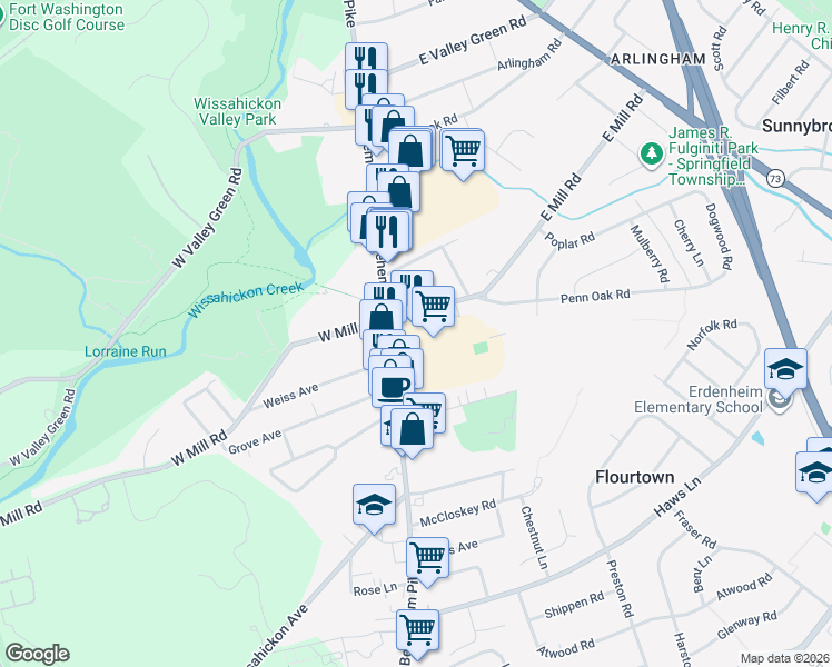 map of restaurants, bars, coffee shops, grocery stores, and more near in Flourtown