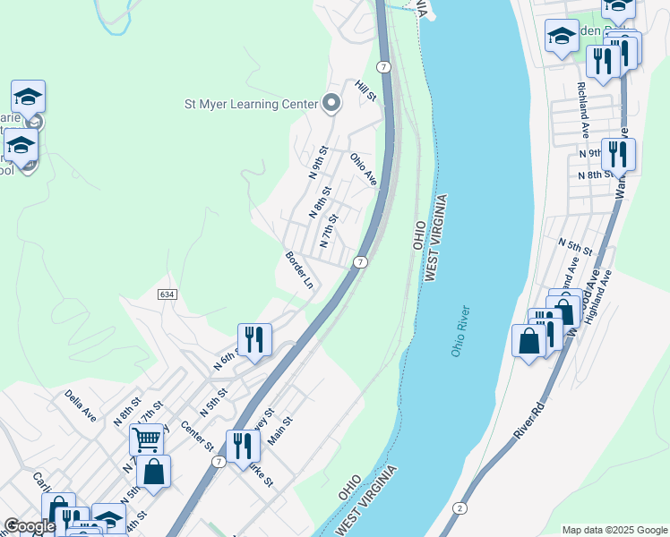 map of restaurants, bars, coffee shops, grocery stores, and more near 1008 North 6th Street in Martins Ferry