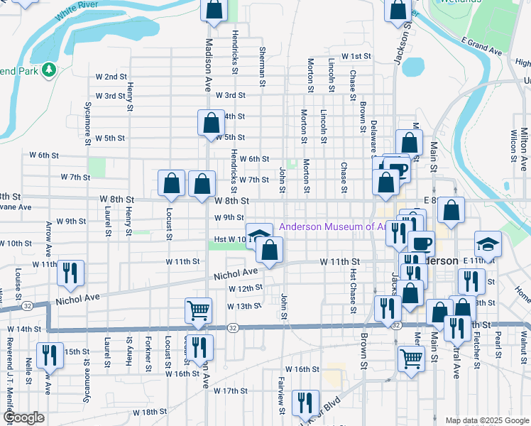 map of restaurants, bars, coffee shops, grocery stores, and more near 819 West 9th Street in Anderson