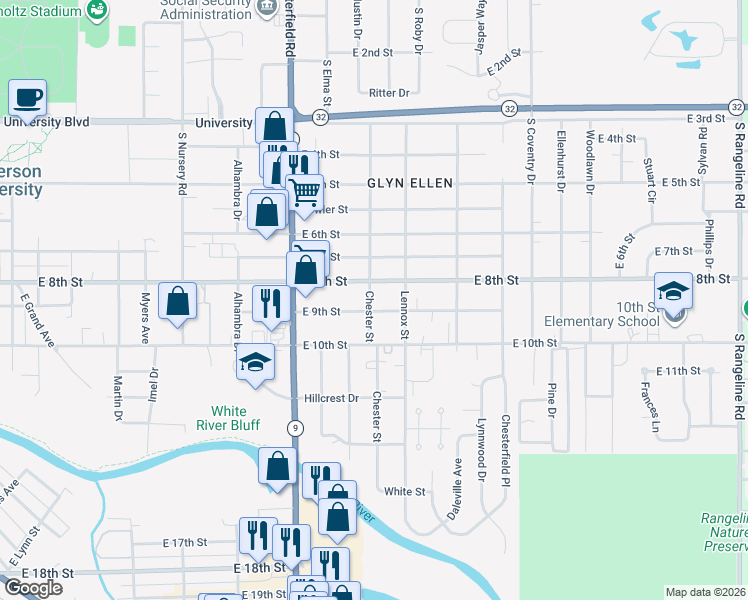 map of restaurants, bars, coffee shops, grocery stores, and more near 2324 East 9th Street in Anderson