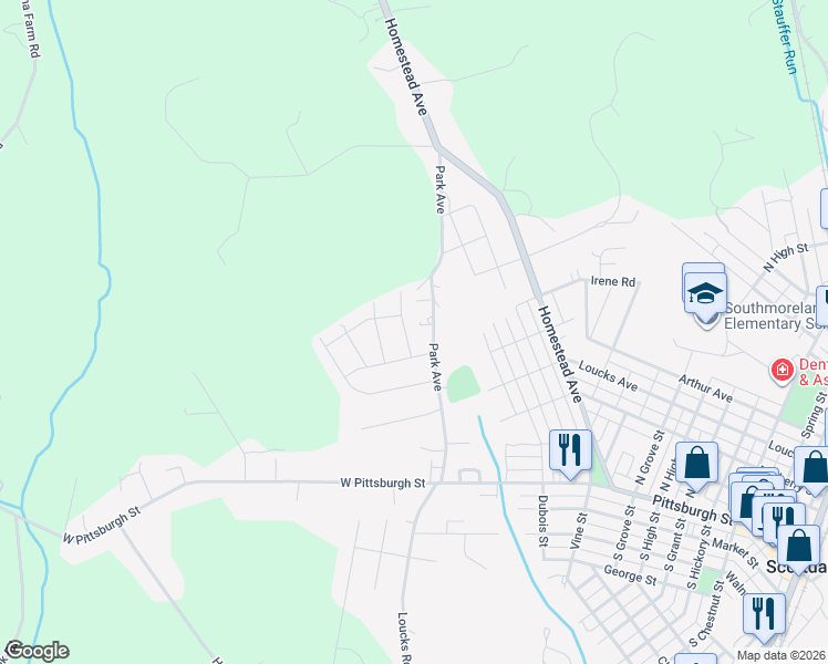map of restaurants, bars, coffee shops, grocery stores, and more near 2315 Cowling Road in Scottdale