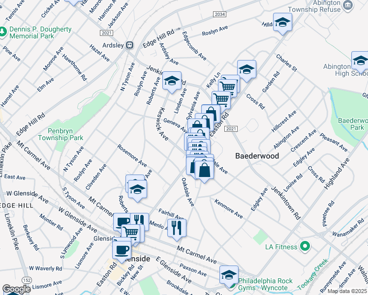 map of restaurants, bars, coffee shops, grocery stores, and more near 325 North Keswick Avenue in Glenside