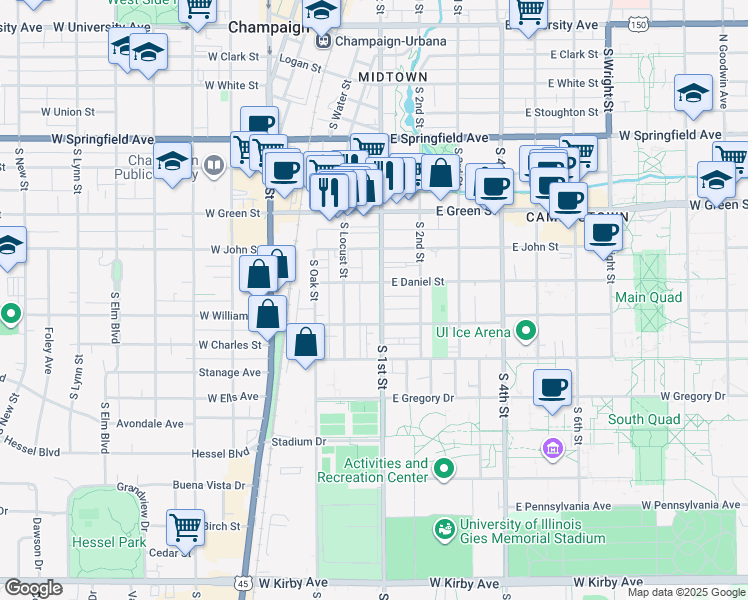map of restaurants, bars, coffee shops, grocery stores, and more near 909 South 1st Street in Champaign