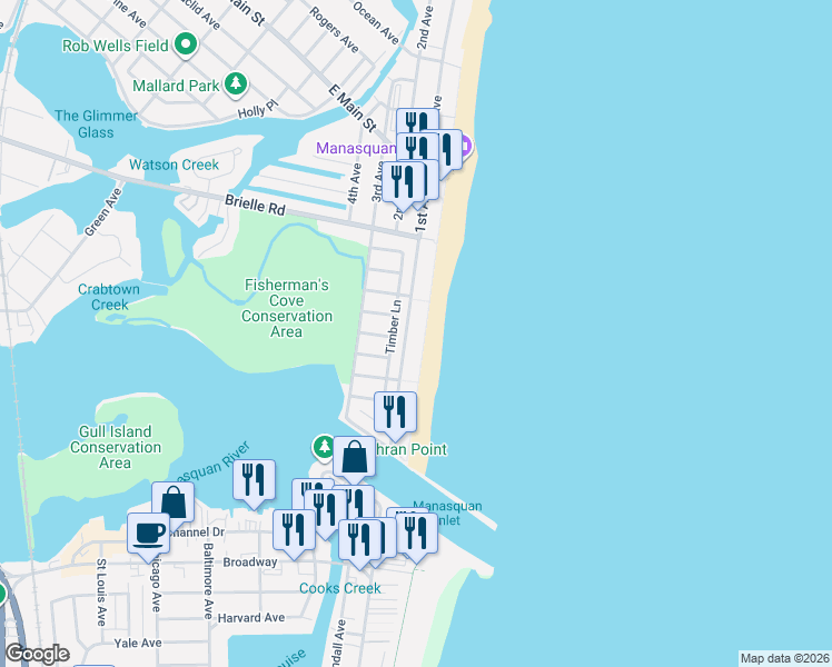 map of restaurants, bars, coffee shops, grocery stores, and more near 336 1st Avenue in Manasquan