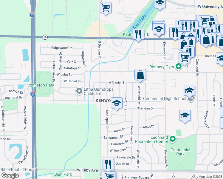map of restaurants, bars, coffee shops, grocery stores, and more near 901 Oakcrest Drive in Champaign