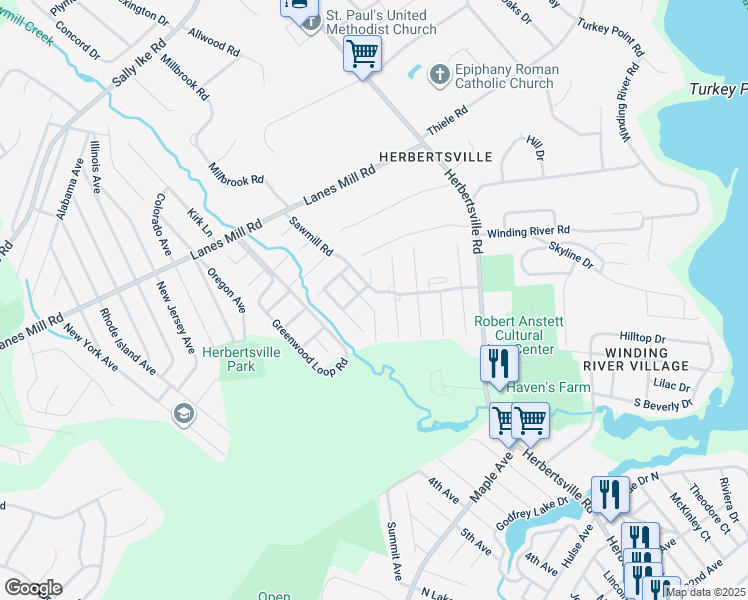 map of restaurants, bars, coffee shops, grocery stores, and more near 13 Creek Road in Brick