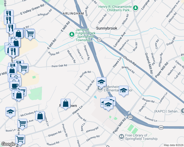 map of restaurants, bars, coffee shops, grocery stores, and more near 426 Norfolk Road in Flourtown