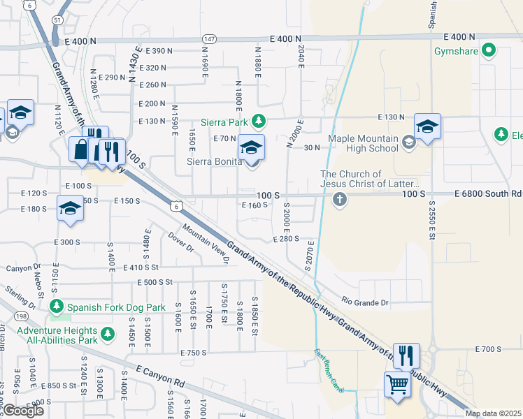 map of restaurants, bars, coffee shops, grocery stores, and more near 1894 East 160 South in Spanish Fork