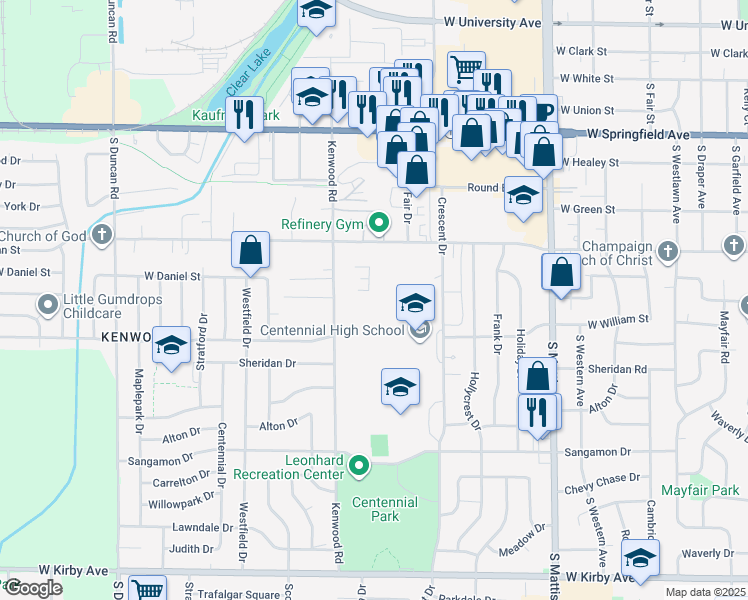 map of restaurants, bars, coffee shops, grocery stores, and more near 913 Crescent Drive in Champaign
