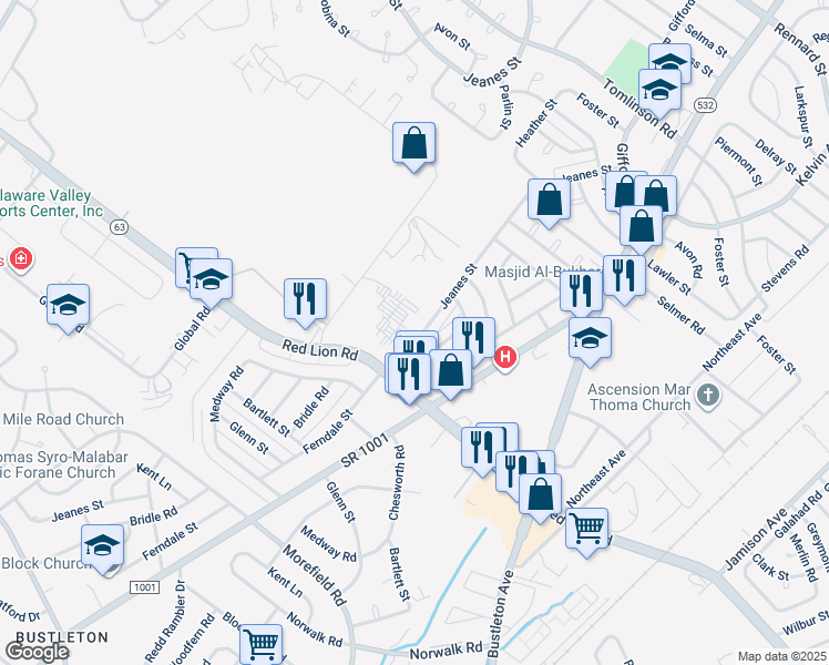 map of restaurants, bars, coffee shops, grocery stores, and more near 10022 Jeanes Street in Philadelphia