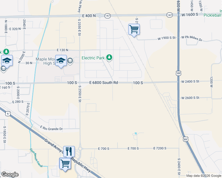 map of restaurants, bars, coffee shops, grocery stores, and more near 1888 East 6800 South Road in Spanish Fork